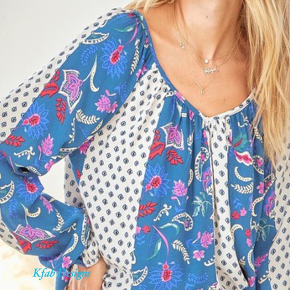 ❤️LAST 1! V Neck Ballon Sleeves Pattern Mix Back Tie Flowy Blouse! - Picture 7 of 8